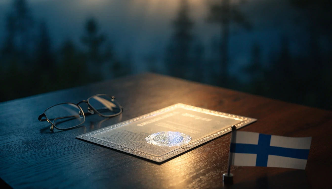 Virallinen rahapelilisenssi puisella työpöydällä Suomen lipun vieressä