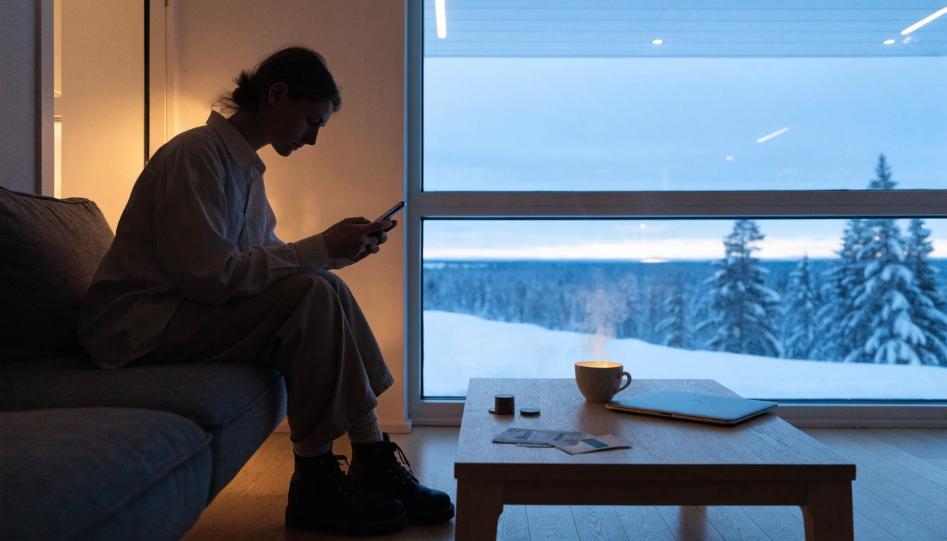 Suomalainen olohuone talvi-iltana, älypuhelin ja eurokolikot pöydällä